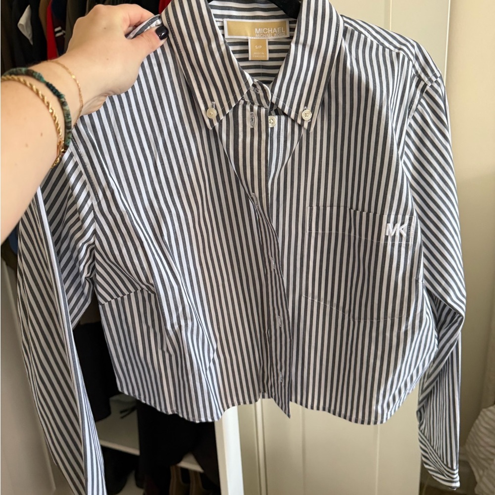 Michael Kors Black & White Striped Button-Down Shirt